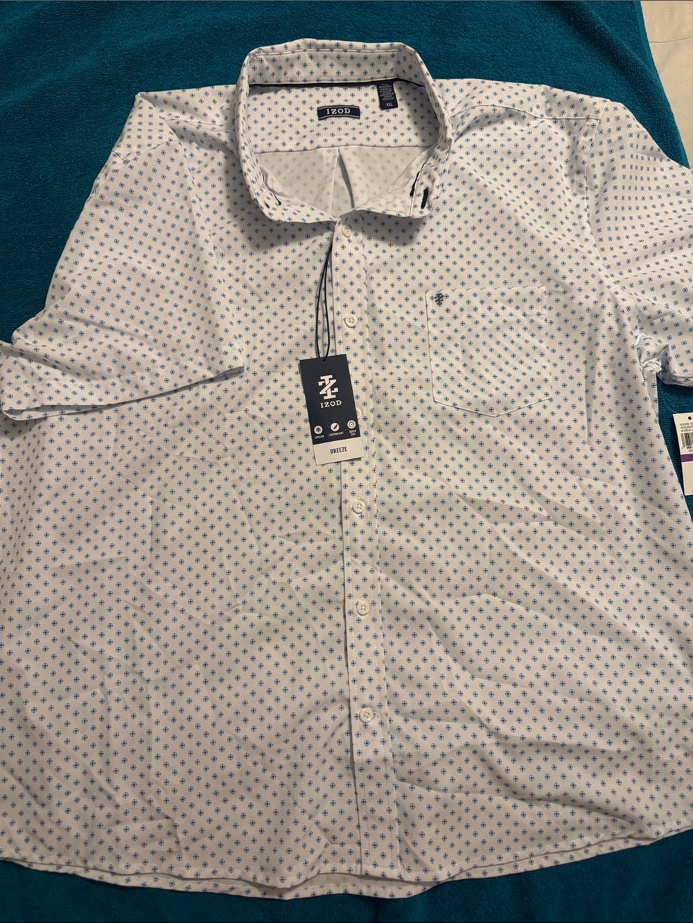 Izod White Short-Sleeve Button-Down Shirt with Blue Micro Pattern